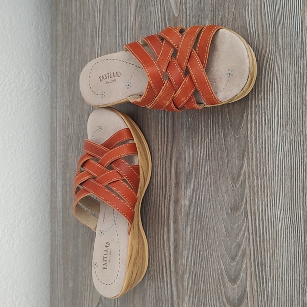 Eastland STRAP HAPPY Leather Wedge Sandals Tawny Brown 7 Shoes